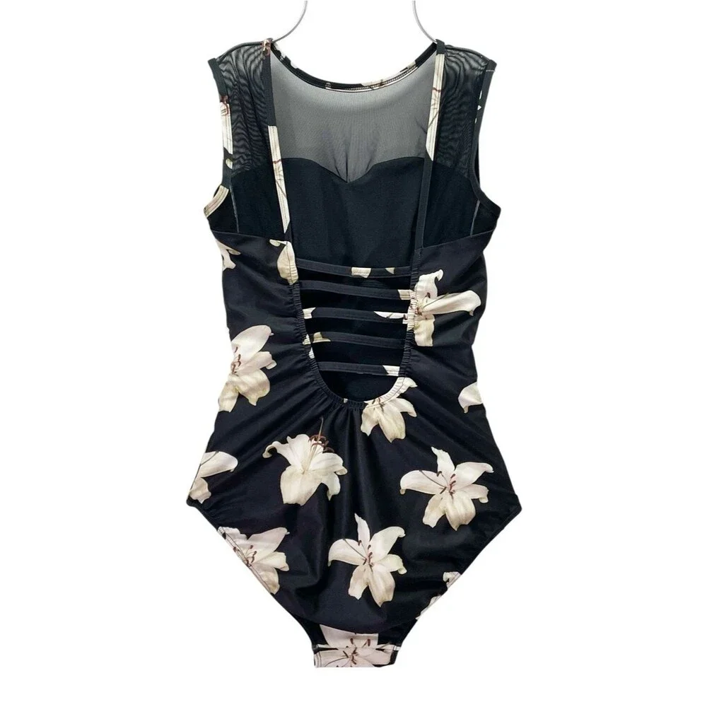 Albion Fit Maria One Piece Swimsuit Size Small Black Lily Mesh Floral UPF 45